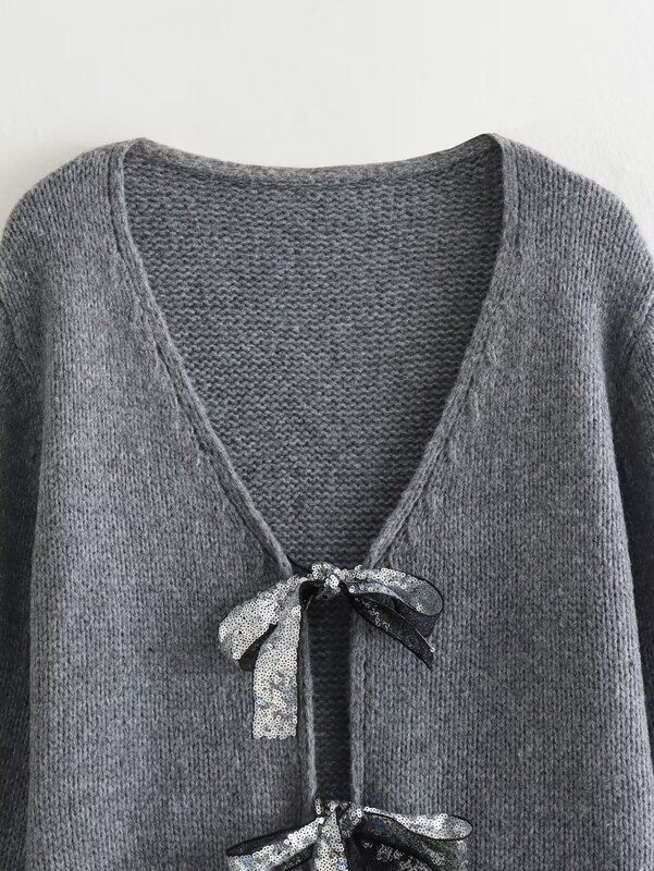 Sweter renda kerah V wanita musim gugur dengan kardigan rajut pita berpayet
