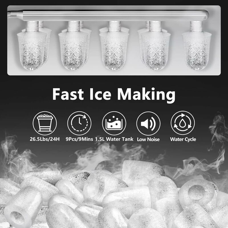 KUMIO Ice Makers Countertop, 9 Thick Bullet  Ready in 6-9 Mins 26.5 Lbs in 24Hrs Portable  Maker with Ice Scoop and Basket