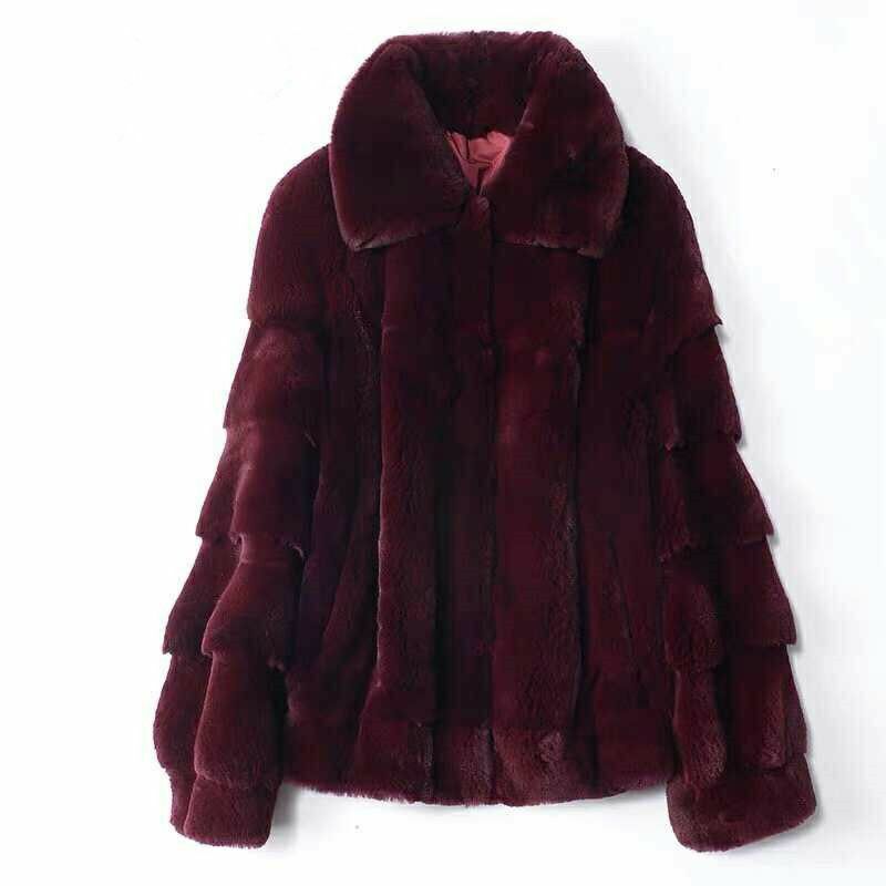 Abrigo de piel de conejo Rex 100% Natural para mujer, chaqueta gruesa y cálida con cuello vuelto, moda de invierno, novedad