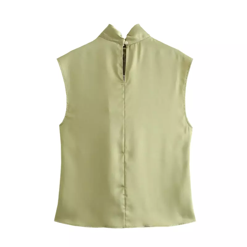 Женская плиссированная рубашка без рукавов, Повседневная атласная текстурная рубашка с высоким воротником в стиле ретро, лето