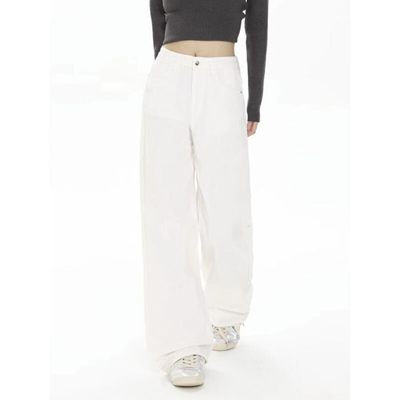 Y2K celana panjang Jin kaki lebar wanita, celana panjang Denim Harajuku dasar cantik desain modis musim gugur warna putih