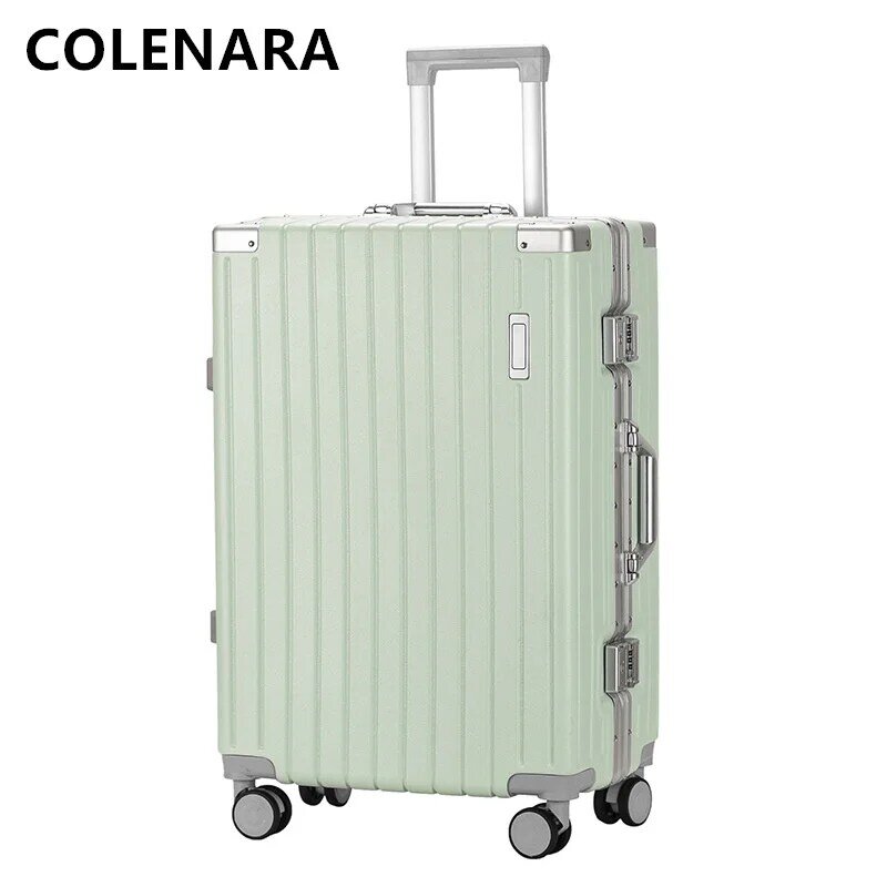 COLENARA koper PC 20 inci wanita, casing troli bingkai aluminium tahan aus, koper kabin dengan pemegang cangkir