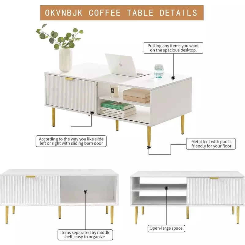 白いコーヒーテーブル、モダンなリビングルームのセンターテーブル、現代的なスタイルのカクテルテーブル、48インチ