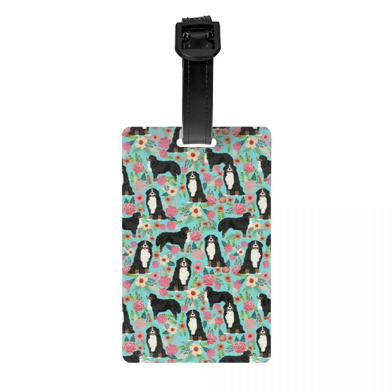 Custom Cute Bernese Mountain Dog Florals Luggage Tag With Name Card Animal Privacy Cover ID Label for Travel Bag Suitcase
