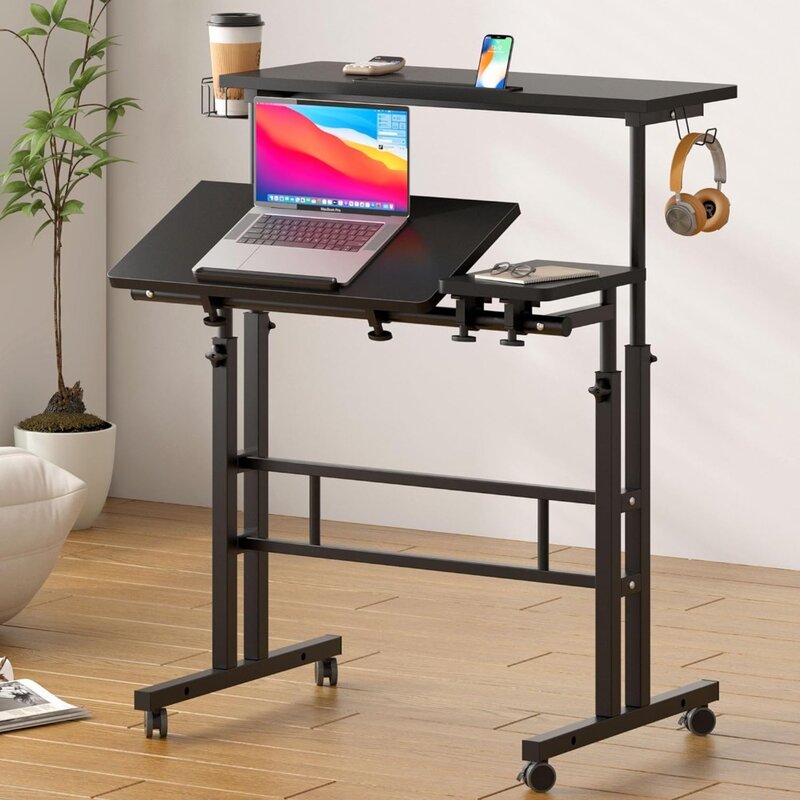 Ruchome biurko z uchwytem na kubek, przenośne, o regulowanej wysokości małe biurko do komputera na kółkach do domowego biurka na laptopa