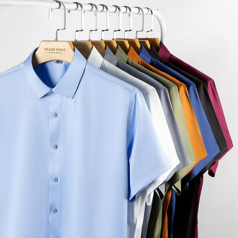 Neues Sommer nahtloses elastisches Kurzarmhemd Herren Business lässig einfarbig Anti-Falten nicht bügeln Eis Seide Zoll Shirt