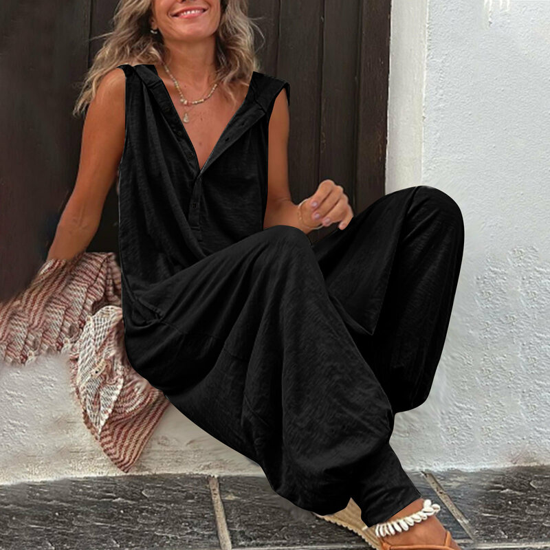 Vintage kombinezon na guziki letnie damskie casual plażowe spodnie Cross-dressy modne luźne solidne pajacyk z kapturem bez rękawów Streetwear