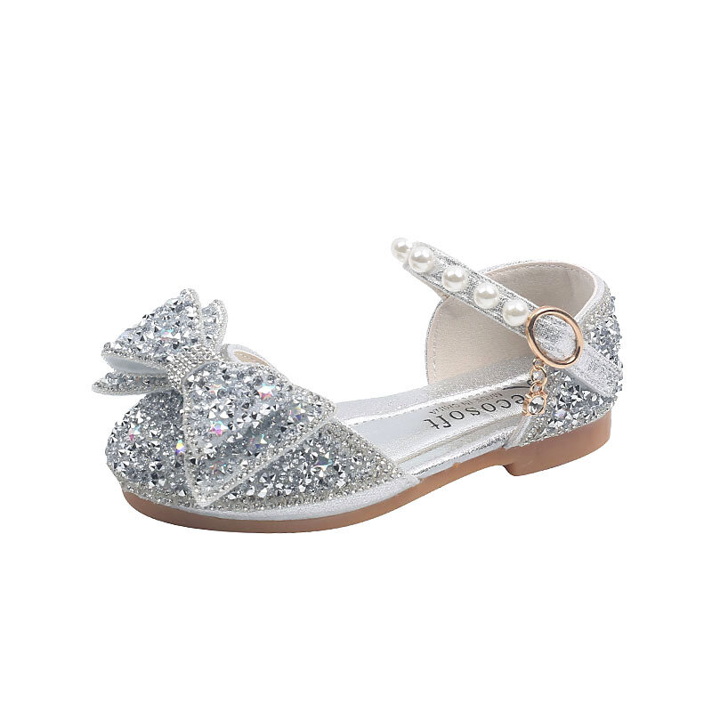 AINYFU sandalias de lentejuelas para niños, zapatos de princesa con diamantes de imitación y lazo dulce, antideslizantes de moda para niños Sandalias planas, sandalias de fondo suave