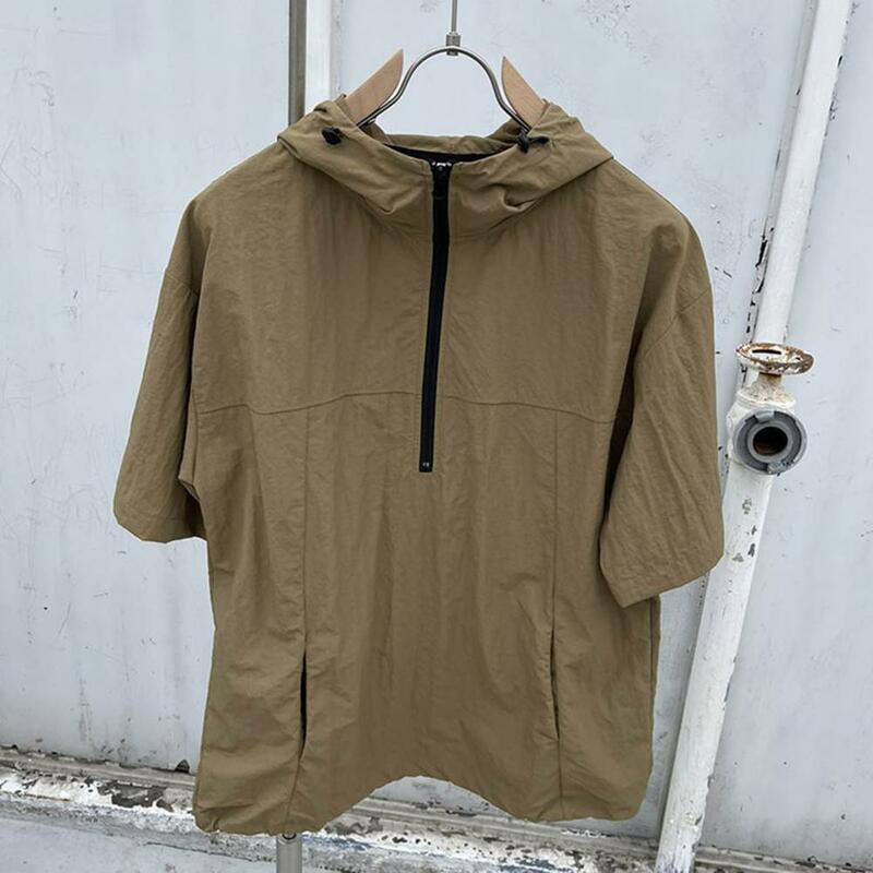 Cargo Shorts Set Men's Casual Hooded T-shirt Wide Leg Shorts Set Solid Color Loose Fit Outfit with Zipper Neckline Elastic Waist