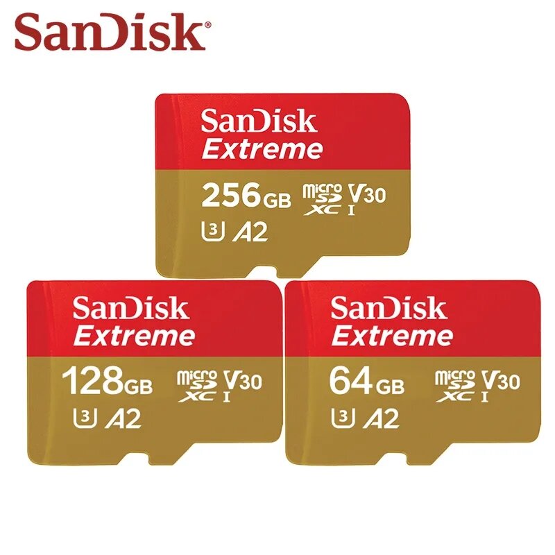 SanDisk-Cartão de Memória Extreme, 100% Original, Micro SD, Cartão TF, SDHC, Classe 10, U3, 4K, 32GB, 64GB, 128GB, 256GB