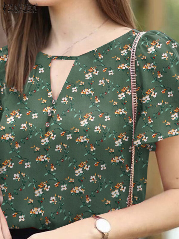 Коллекция 2024 года, блузка ZANZEA с богемным цветочным принтом, женские летние топы, элегантные рабочие блузы с коротким рукавом, туника, Женская Повседневная Праздничная рубашка