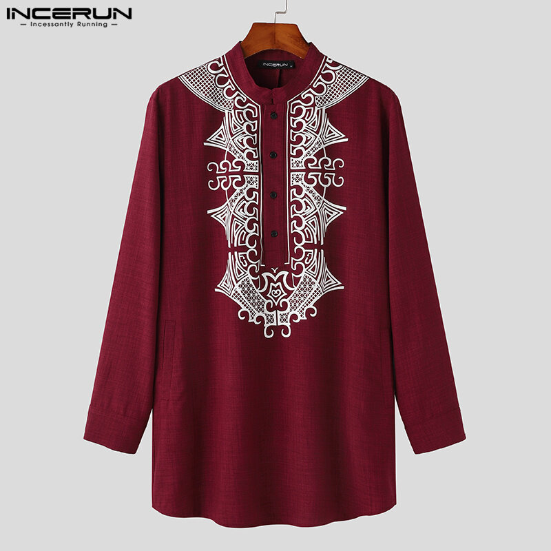 Топы INCERUN 2023, новые мужские рубашки в мусульманском стиле с этническим принтом, повседневная хорошо облегающая Мужская универсальная блузка с длинным рукавом