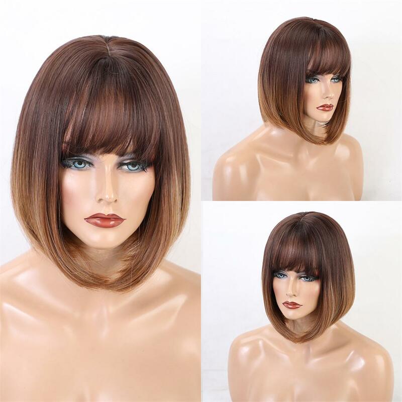 Wig panjang pendek untuk wanita rambut sintetis lurus serat (, cokelat)-coklat Ombre, 12 inci