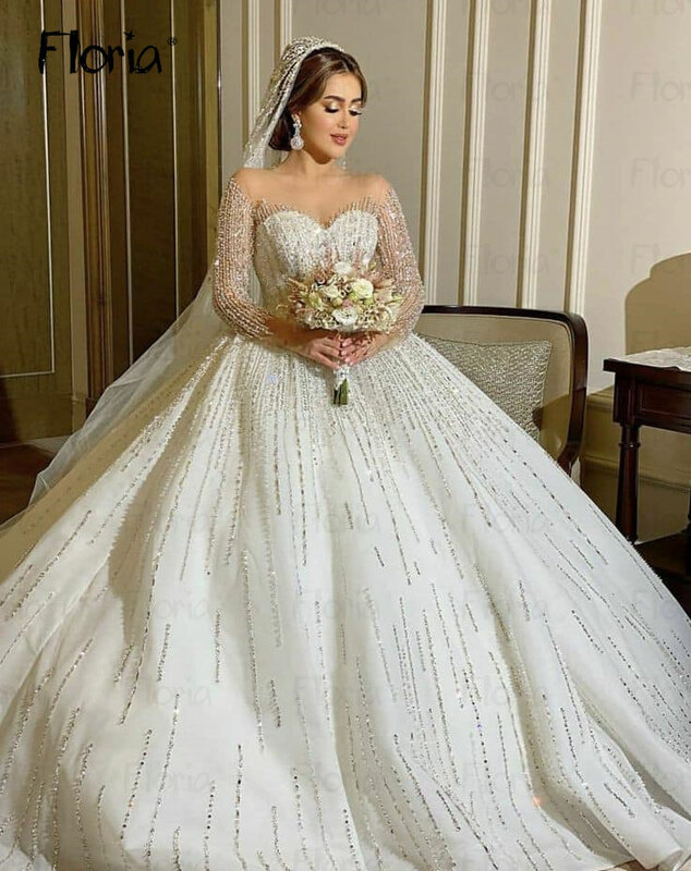 Wunderschöne 2024 Langarm Brautkleid Dubai angepasst für Braut Perlen Luxus Brautkleider plus Größe Vestido de Casamento