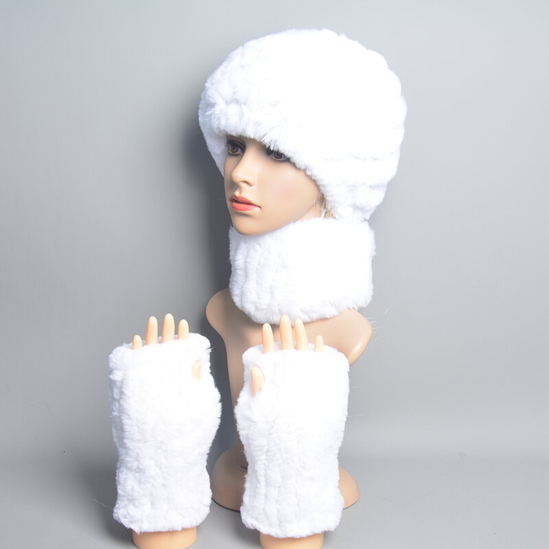 冬の女性の品質リアルファースカーフ帽子手袋セットリアルレックスウサギの毛皮ニットビーニー帽子リアルファースカーフレックスウサギの毛皮ミトン