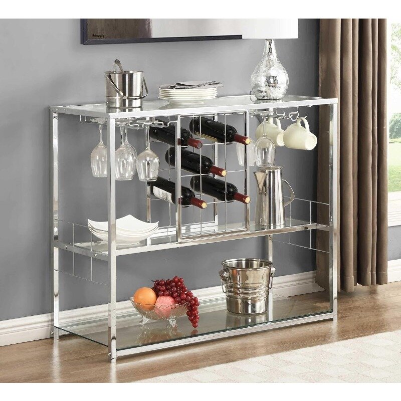 ASYA Wine Rack Table with Glass Holder, 3-Tier with Temered Glass Shelves, Modern Liquor Cabinet with Storage for Wine Bar