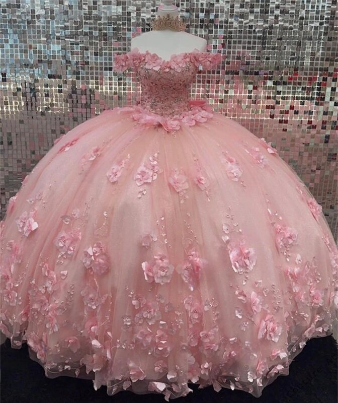핑크 프린세스 퀸시네라 드레스, 오프숄더 볼 가운, 꽃무늬 진주, 달콤한 16 드레스, 15 아뇨 커스텀