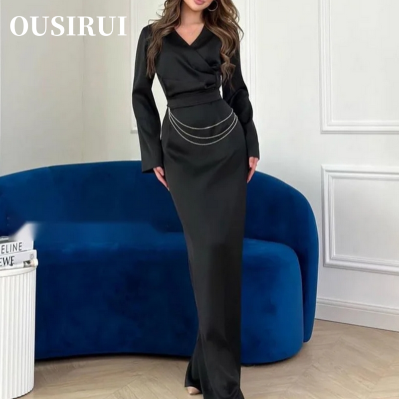 OUSIRUI Elegant Solid Color V-Neck Metal Decoration Women Long-Sleeved High-Waist Dress for Women - New Arrival on Ins and EBAY