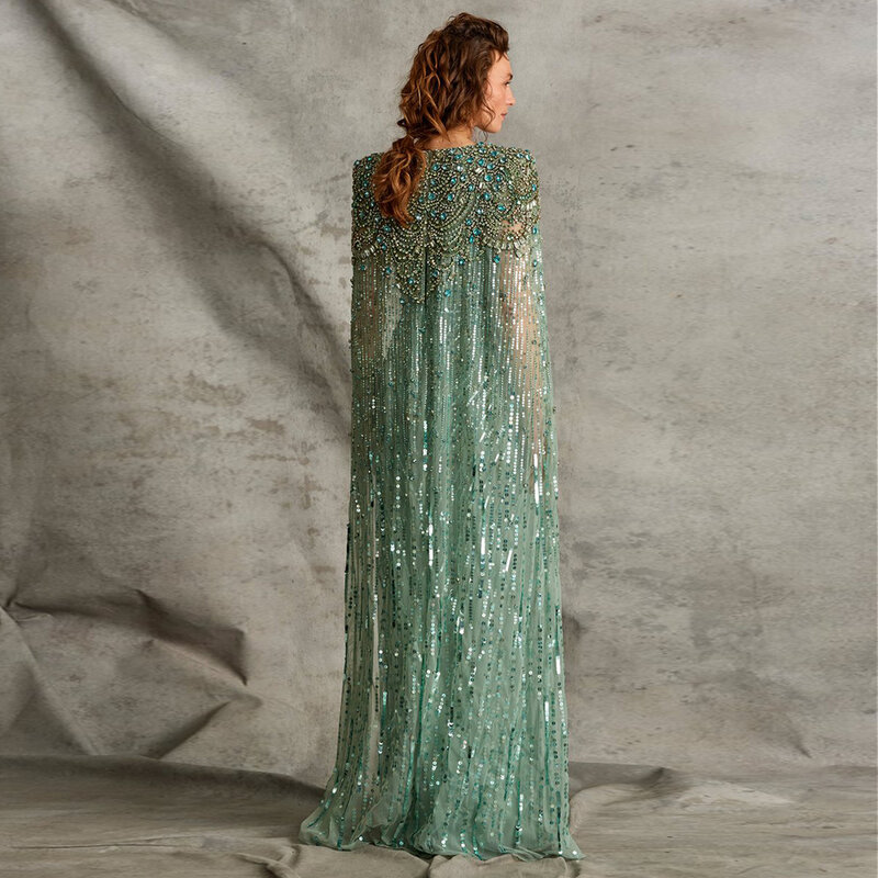 Vestido de noche verde salvia de Dubai para mujer, traje de lujo con capa dorada y cristal fucsia, elegante, Formal, para boda y fiesta, Sz399-2