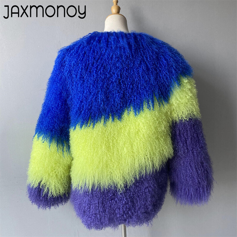 Jaxmonoy Dames Echte Mongoolse Schapenbontjas Dame Mode Mix Kleur Medium Length Natuurlijke Bontjas Winter Warme Jassen Dames