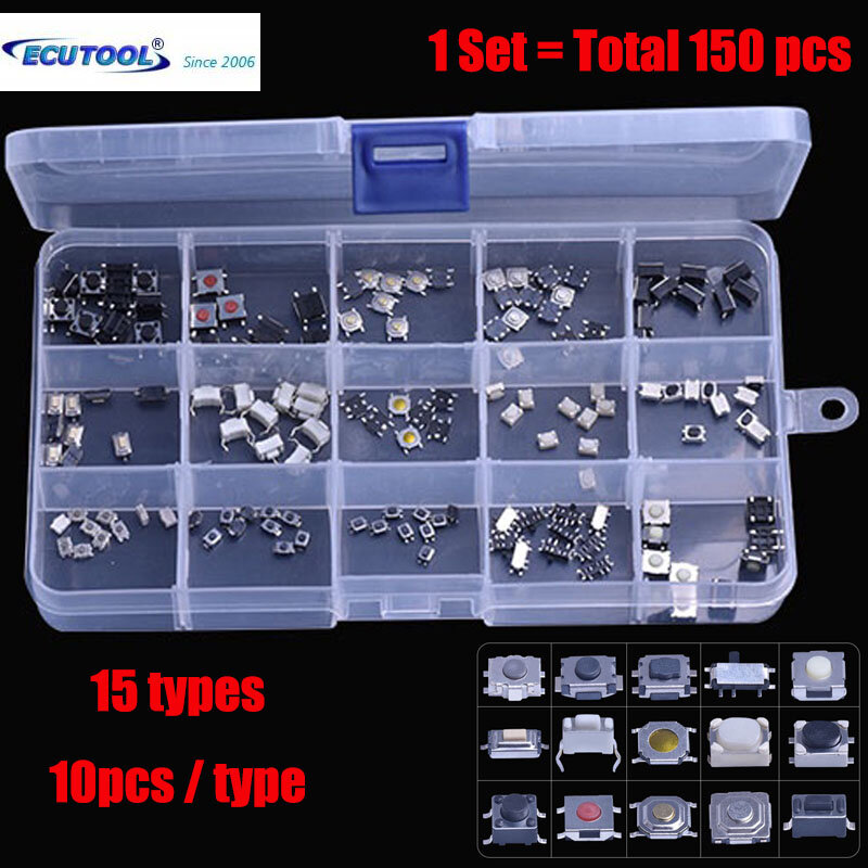 Mando a distancia para llave de coche, Kit de reparación de microinterruptores de botón, 15 tipos de interruptores táctiles, embalaje mixto, con caja de plástico, 150 piezas