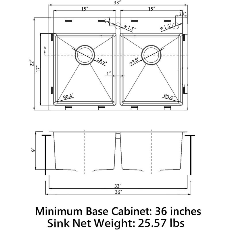 Sinber-fregadero de cocina de doble tazón, 33 "x 22" x 9 ", con calibre 18, acabado satinado de acero inoxidable 304, HT3322D-9-S (solo fregadero)