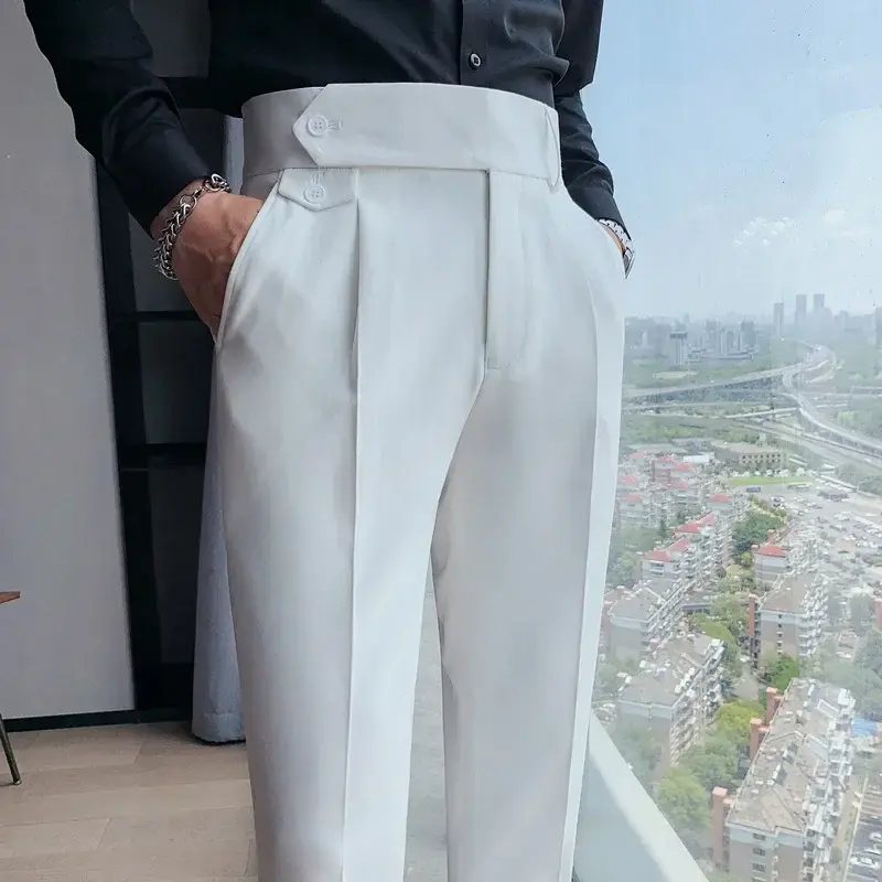 กางเกงสูทเอวสูงสีทึบใหม่ชุดธุรกิจของผู้ชายอย่างเป็นทางการกางเกง2023คุณภาพสูงสลิม celana setelan ใส่ในสำนักงานลำลอง