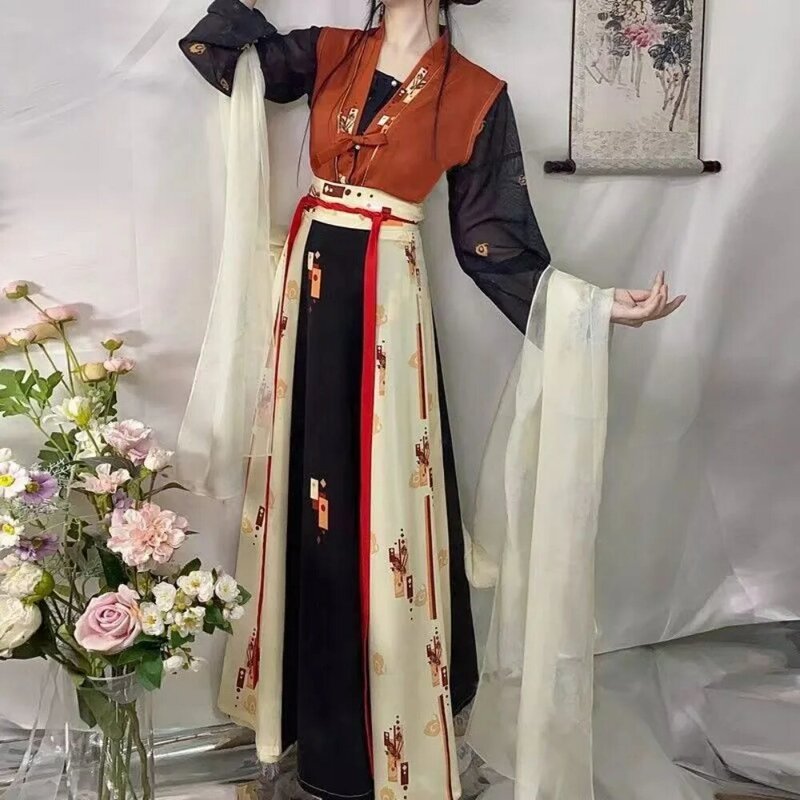 Gaun Hanfu Cina, kostum Cosplay peri Karnaval Wanita, Set kostum tari Cina Tradisional Hitam Hijau kuno