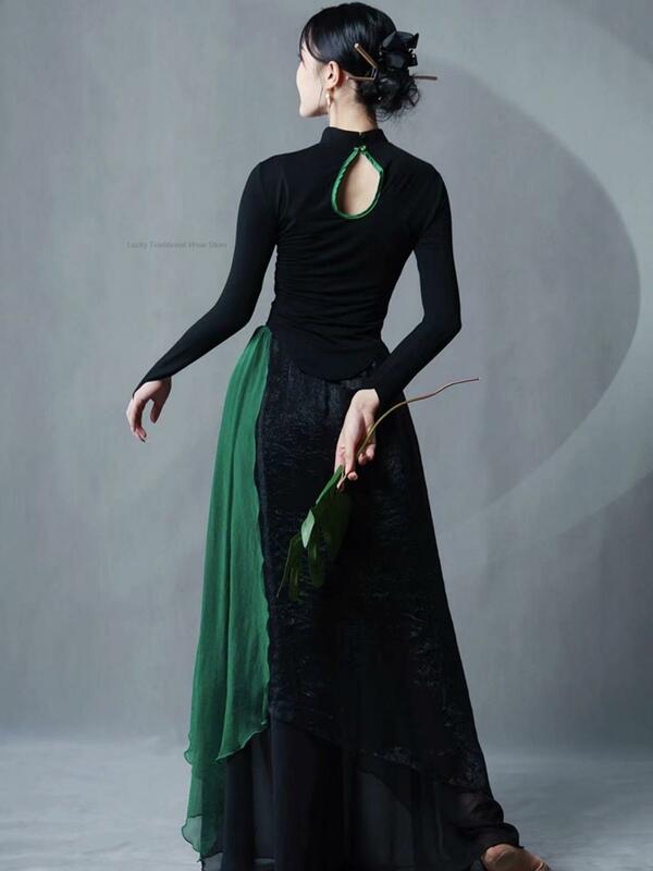 New Chinese Style Classical Dance Dress Black long-sleeved Qipao Top Modern Dance Skirt Pants Folk Dance Cheongsam Dress