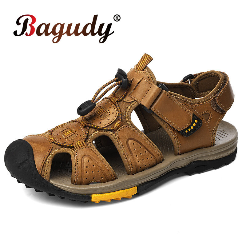 صنادل رومانية من الجلد الأصلي للرجال ، أحذية رياضية للشاطئ تسمح بمرور الهواء ، أحذية غير رسمية للخروج ، الصيف