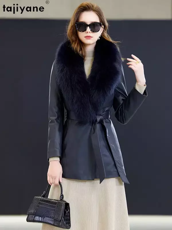 Tajiyane-jaqueta de couro real feminina, casaco de pele de carneiro genuíno, casacos luxuosos de inverno, gola de pele de raposa 2023