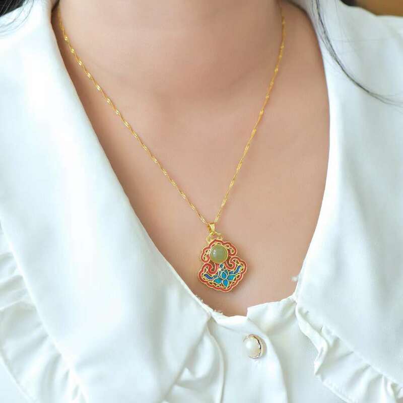Kupfer eingelegt mit natürlicher Hetian Jade glück verheißende Blume🌸Emaille Farbe Anhänger Frauen Halskette Schmuck Geschenke