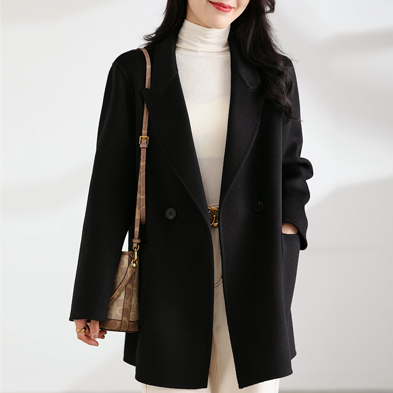 여성 양면 캐시미어 코트, 숏 포켓 100%, 청순 양모 코트, 분위기 있는 가을 겨울 신상