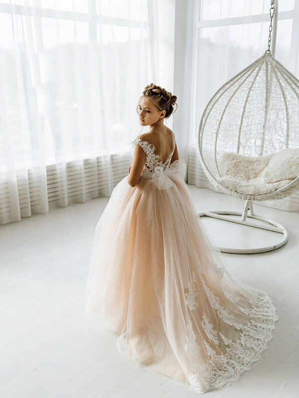 Glitter Tule Bloem Meisje Prinses Jurken 2023 Платье Для Девочки Kant Trein Meisje Kid Jurk Vestidos Para Niñas
