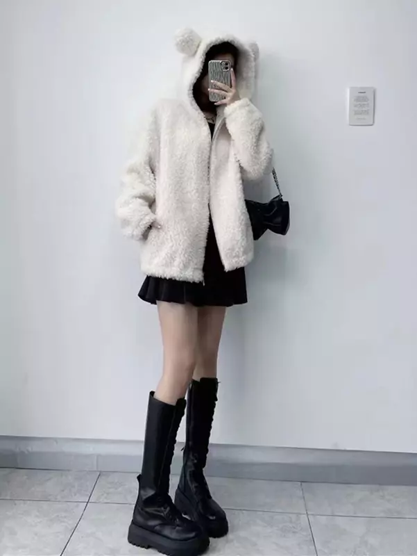 Jaket wol bulu imitasi untuk musim gugur musim dingin, jaket wol hangat dan berat, jaket bulu domba modis, jaket bertudung tebal baru musim gugur dan musim dingin 2023