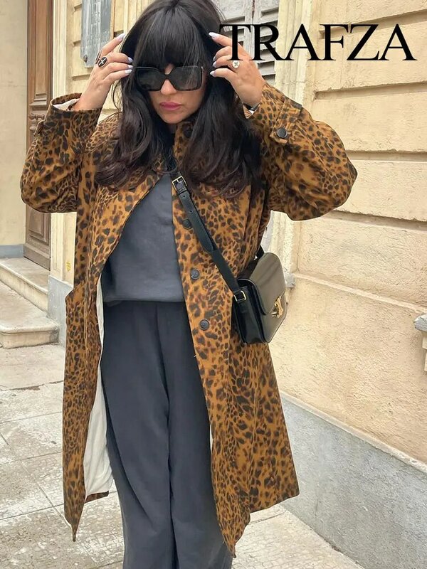 TRAF-Casaco de lapela leopardo feminino, casaco chique de rua, manga comprida, botão oculto, bolso, solto, fino, retrô, primavera