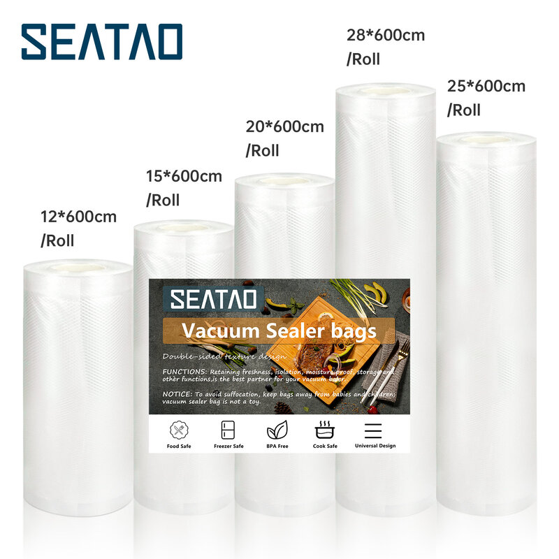 Вакуумные пакеты SEATAO для пищевых продуктов Вакуумный упаковщик Food Fresh Long Keeping 12 + 15 + 20 + 25 + 28 см * 600 см Рулоны / Лот пакеты для вакуумного упаковщика