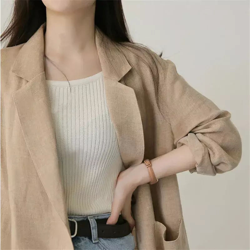 Blazer de color caqui para mujer, chaqueta elegante de manga larga con un solo botón, color liso, talla grande, primavera y otoño, 2024