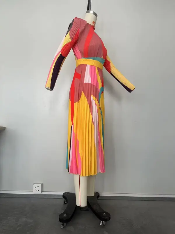 아프리카 원피스 여성용 긴팔 O넥 프린트 플리츠 긴 원피스 드레스, 2023 가을 아프리카 의류