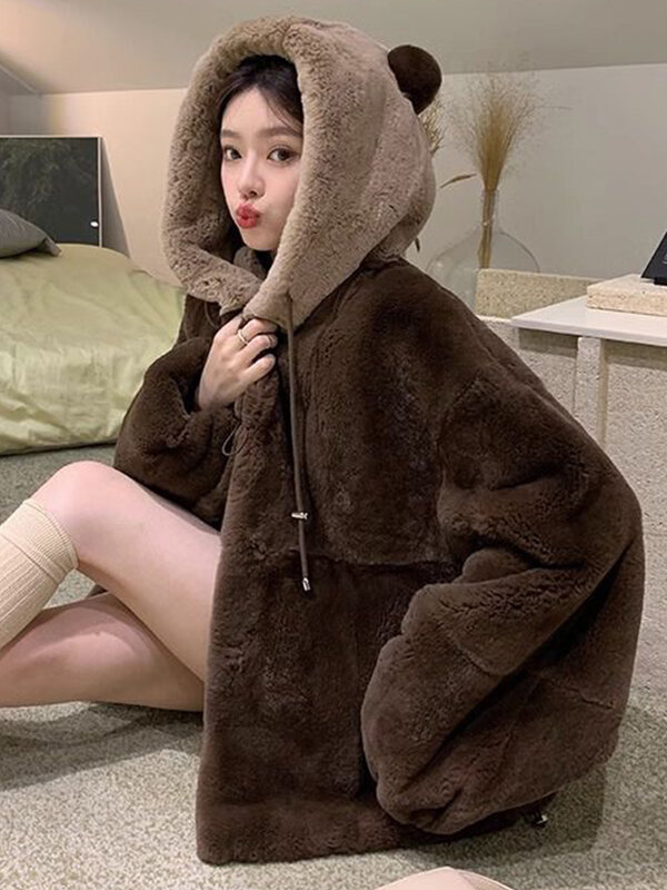 Chaqueta de felpa de invierno para mujer, abrigo de piel sintética con orejas de oso Kawaii, cárdigan con capucha grueso suelto informal, moda coreana