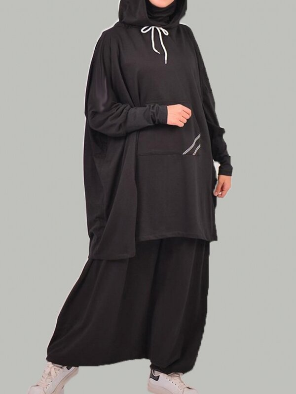เสื้อสวมหัวแฟชั่นมุสลิมพร้อมกางเกงชุดสาวออฟฟิศใหม่ฤดูใบไม้ผลิแขนค้างคาวชุดชุดเซ็ตสูทสีทึบ