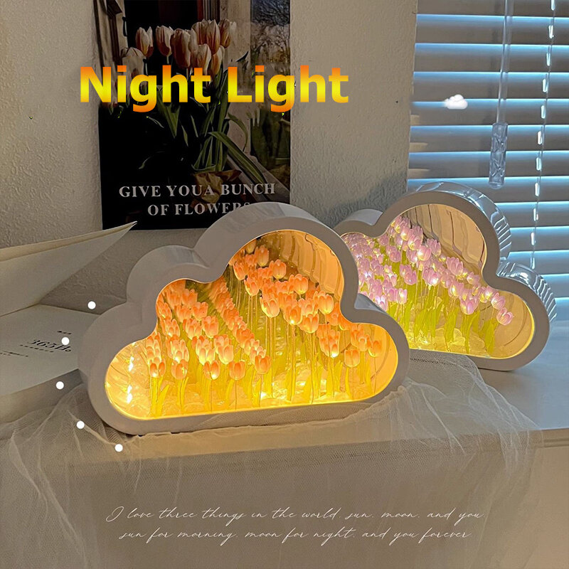 DIY Cloud Mirror Tulip Lamp Simulation Flower Bedroom Sleeping Table Lamp Handmade Craft Tulips Mirror Night Light Birthday Gift