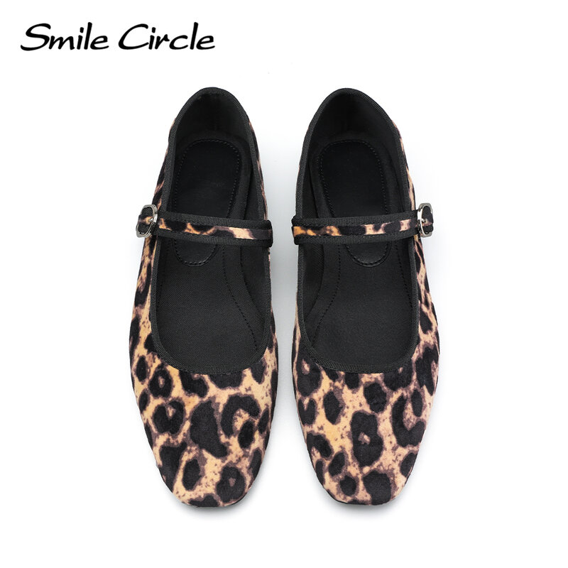 Sorriso círculo-veludo Mary Jane ballet flats para mulheres, estampa de leopardo, confortável, macio, redondo toe, sapatos baixos