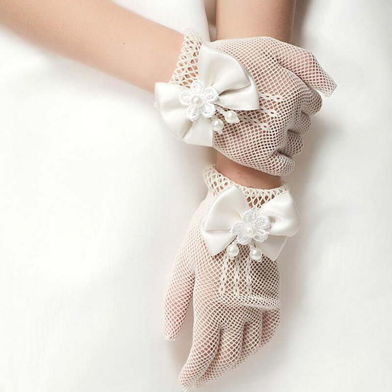 Sweet Flower Girls Short Gloves Mesh Bow Lace Pearl Decoration Gloves Children Kids Fashion Elegant Gloves Mittens Party Supplie