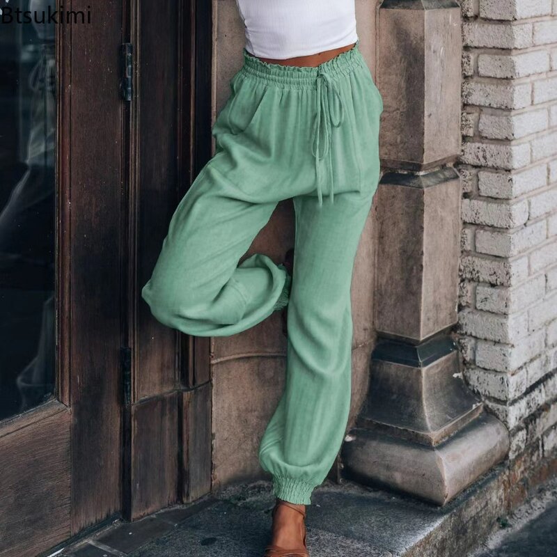 New 2024 Women's Drawstring Elastic Waist Pants Spring Summer Fashion Solid Casual Cotton Linen Comfortable Loose Pants Female
