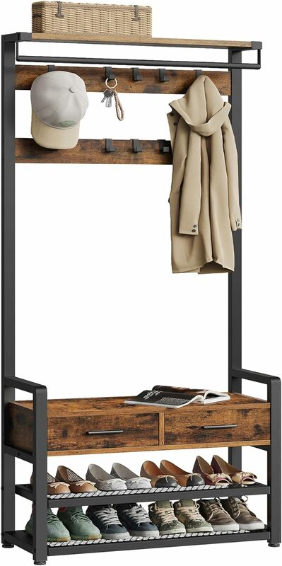 VASAGLEHall Tree withBench and ShoeStorage,Entryway CoatRack with ShoeBench,2 Fabric Drawers,10 Hooks,VintageBrown and Ink Black
