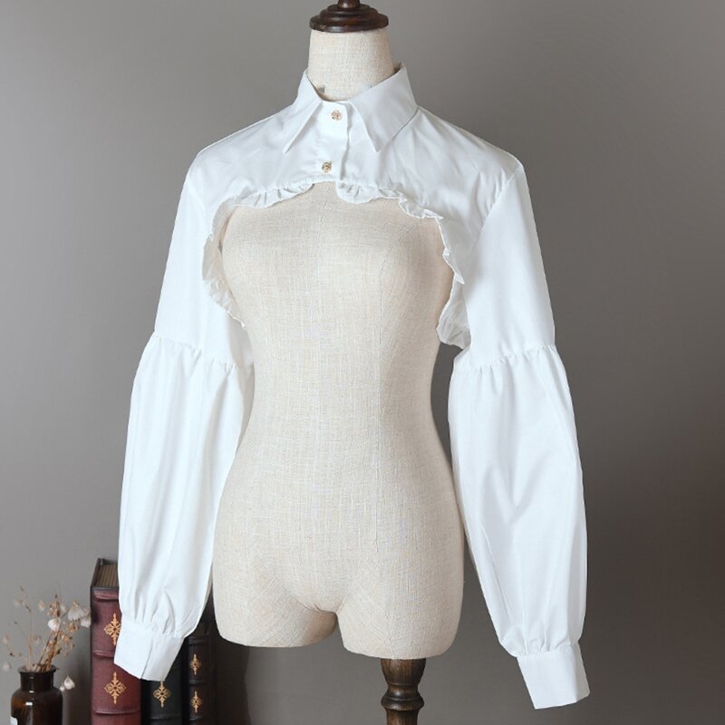 M89E Puff afneembare Dickey blouse met mouwen, retro crop top met valse kraag en half shirt