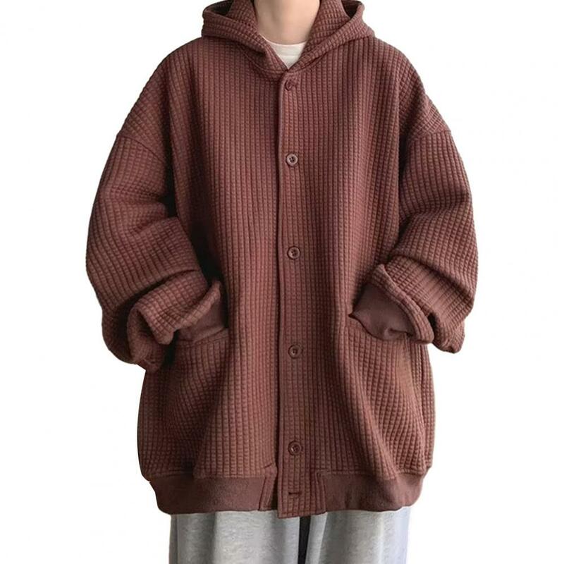 Sweatshirt Coat Hip Hop Style Loose Fit Jacket Men's Solid Color Waffle Texture Coat with Hood Long Sleeve Outwear for Autumn