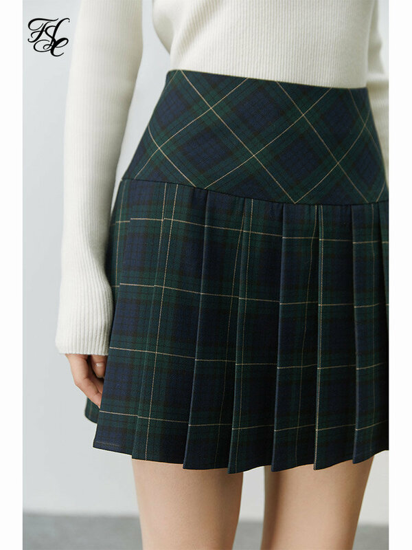 Fsle-女性用の短い市松模様のプリーツスカート,オフィスでの着用に最適なハイウエストの服,膝上にシック,冬用,新しいコレクション2022