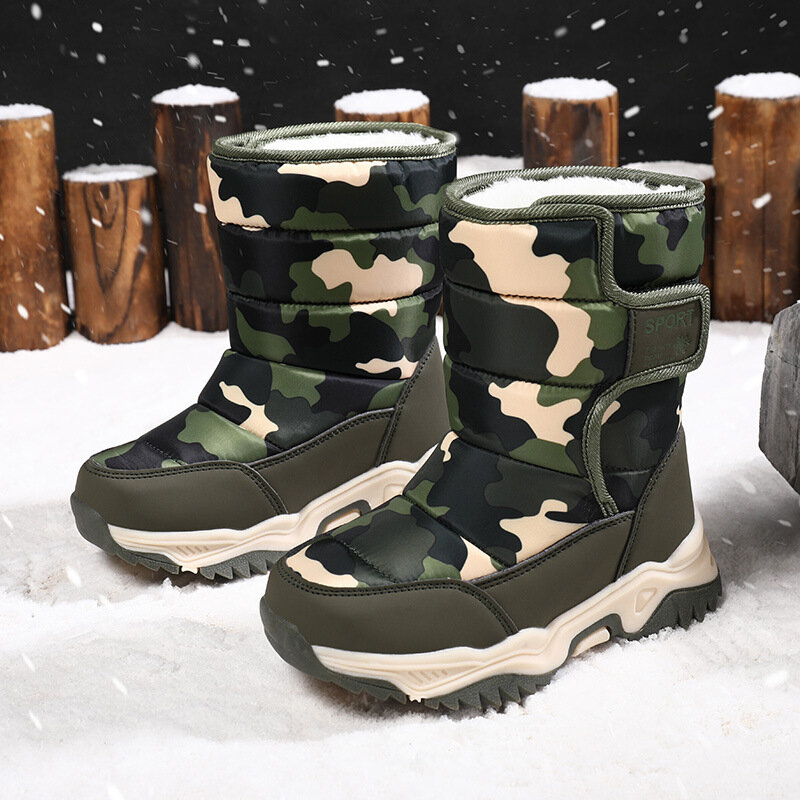 Zapatos antideslizantes de tela impermeable para niños, botas de nieve con suela de goma, cálidas, a la moda, para exteriores, invierno, 2023